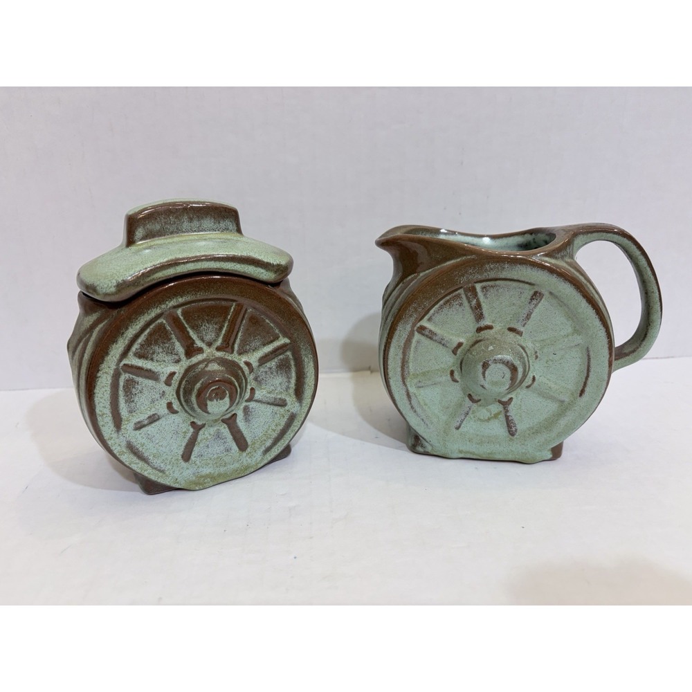 Frankoma 4A Creamer & Lidded Sugar Bowl Set Stoneware Glazed Green/Brown